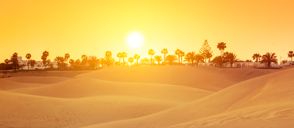 beach of playa del ingles at the sunset