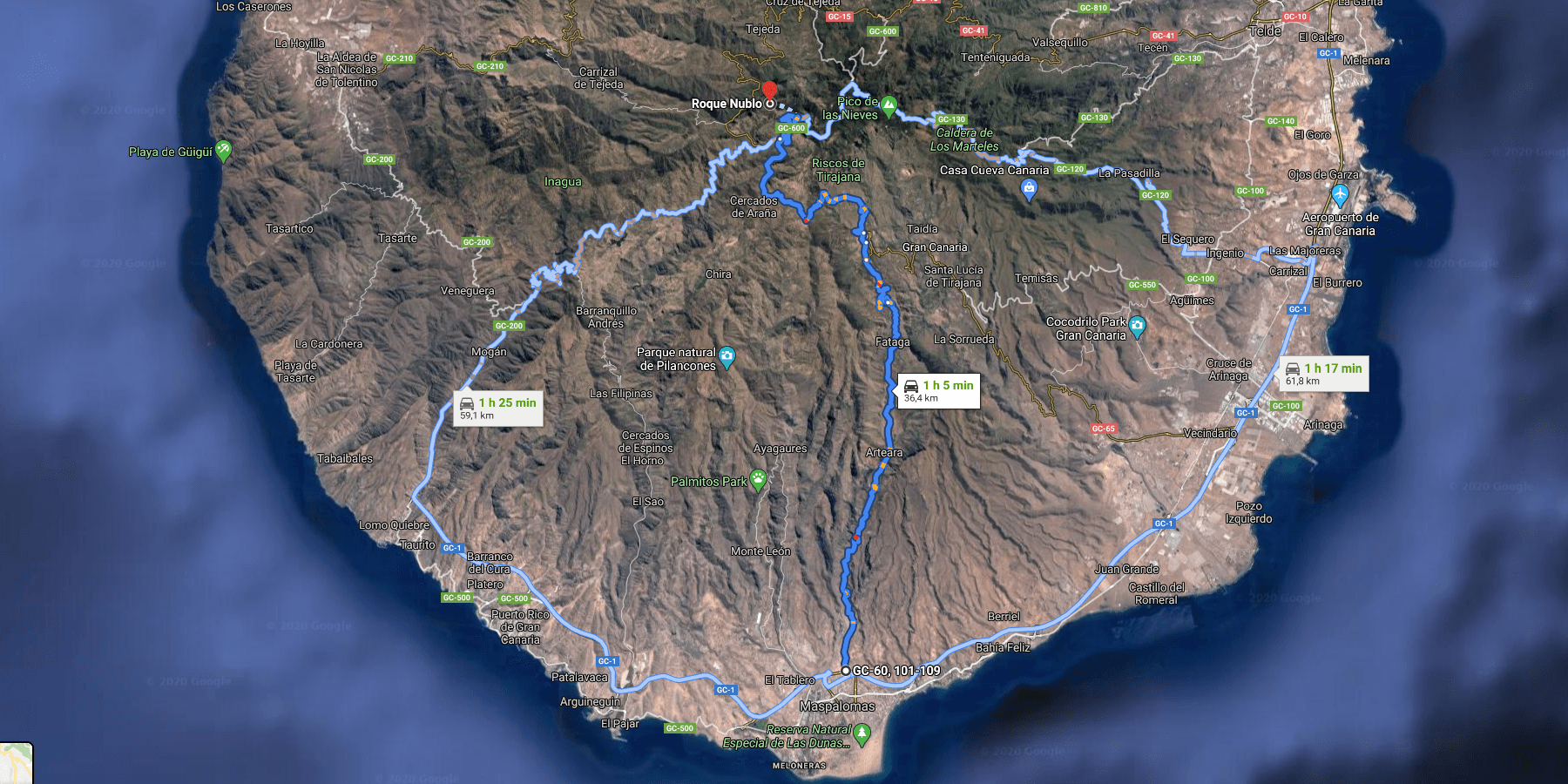 Car route to Roque Nublo from southern Gran Canaria